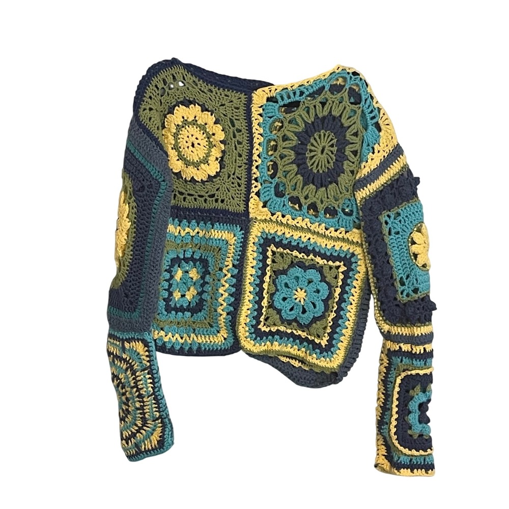 Handmade Crochet Granny Square Patchwork Sweater Blue Green Yellow‎ Boho Cropped